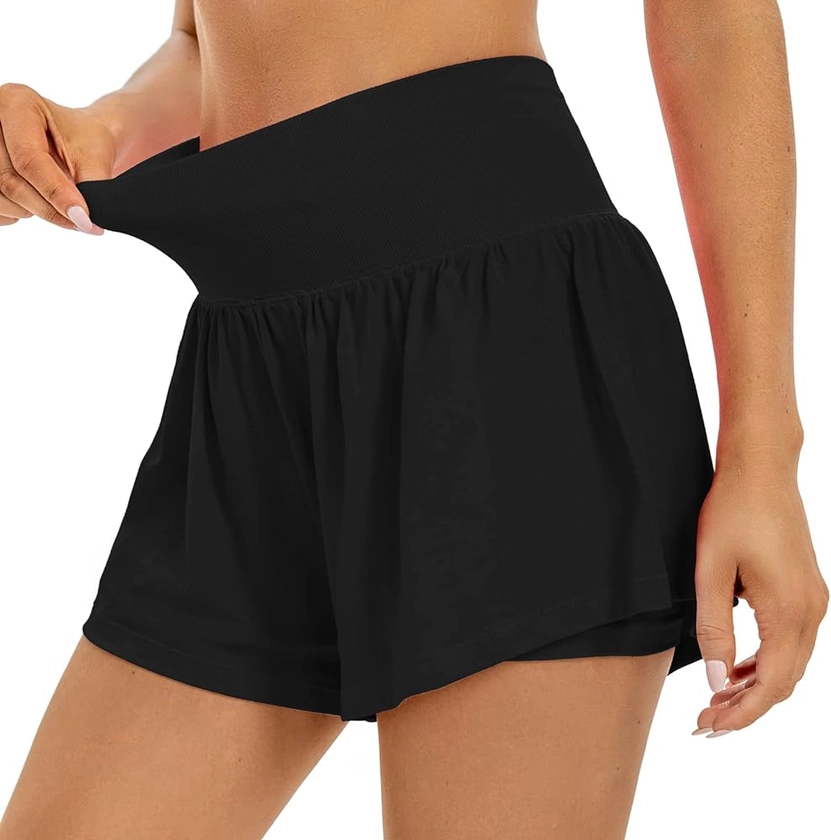 INIBUD Flowy Shorts for Women 2 in 1 Gym Workout Shorts Seamless High Waisted Athletic Running Skirts