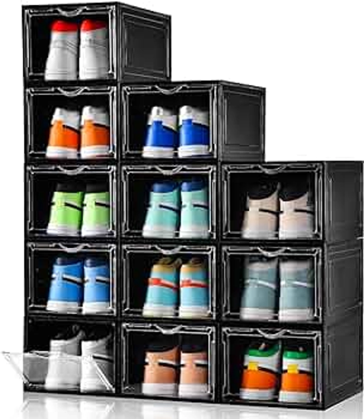 Clemate Upgraded X-Large Shoe Storage Box,12 Pack,Shoe Box Clear Plastic Stackable,Drop Front Shoe Box with Clear Door,Shoe Organizer Containers For Sneaker Display,Fit up to US Size13, Black
