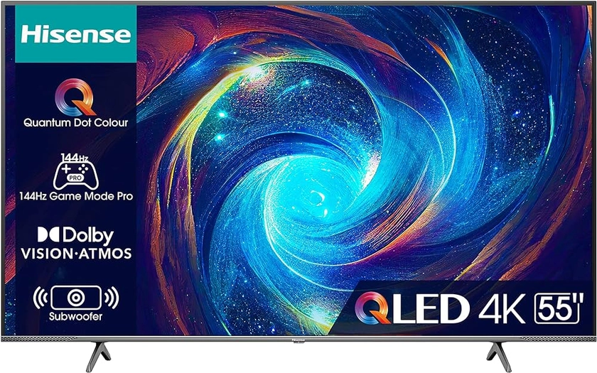 Hisense 55" QLED 4K 2023 55E77KQ PRO, Smart TV VIDAA U7, Dolby Vision IQ, HDR 10+ Adaptive, 144Hz Game Mode PRO, Alexa Built-in, VIDAA Voice, Tuner DVB-T2/S2 HEVC 10, lativù 4K