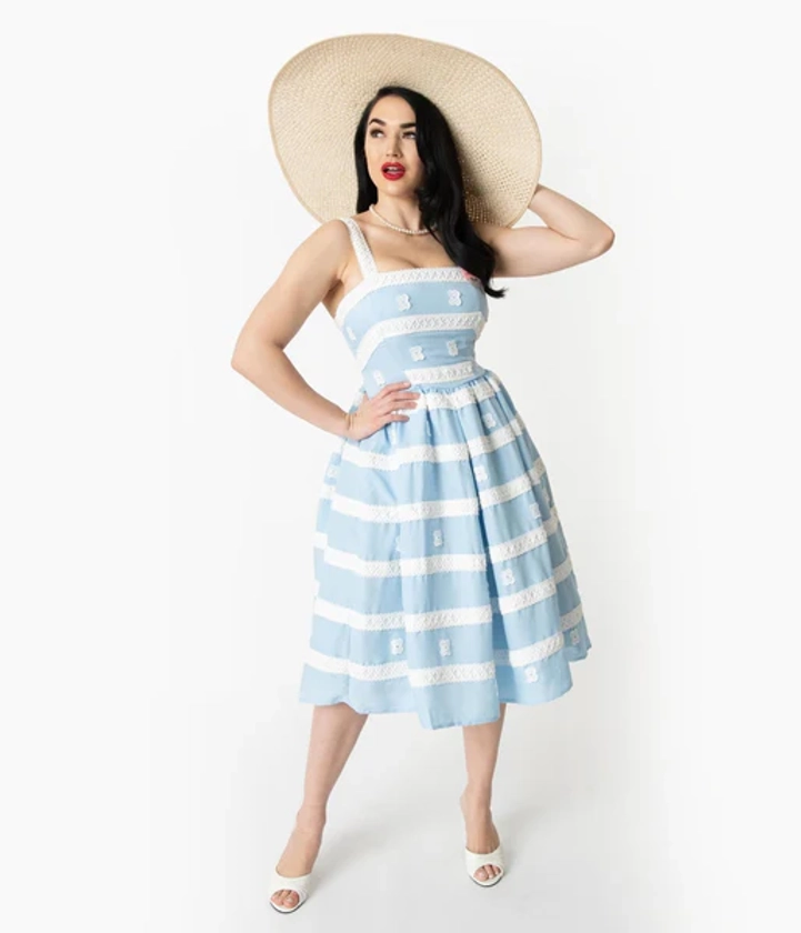 Preorder - Barbie™ x Unique Vintage Blue & White Suburban Shopper Sundress