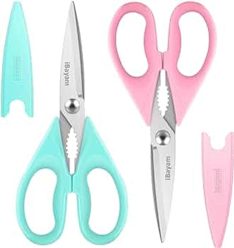 Kitchen Shears, iBayam Kitchen Scissors All Purpose Heavy Duty Meat Scissors Poultry Shears, Dishwasher Safe Food Cooking Scissors Stainless Steel Utility Scissors, 2-Pack, Pastel Pink, Mint Blue