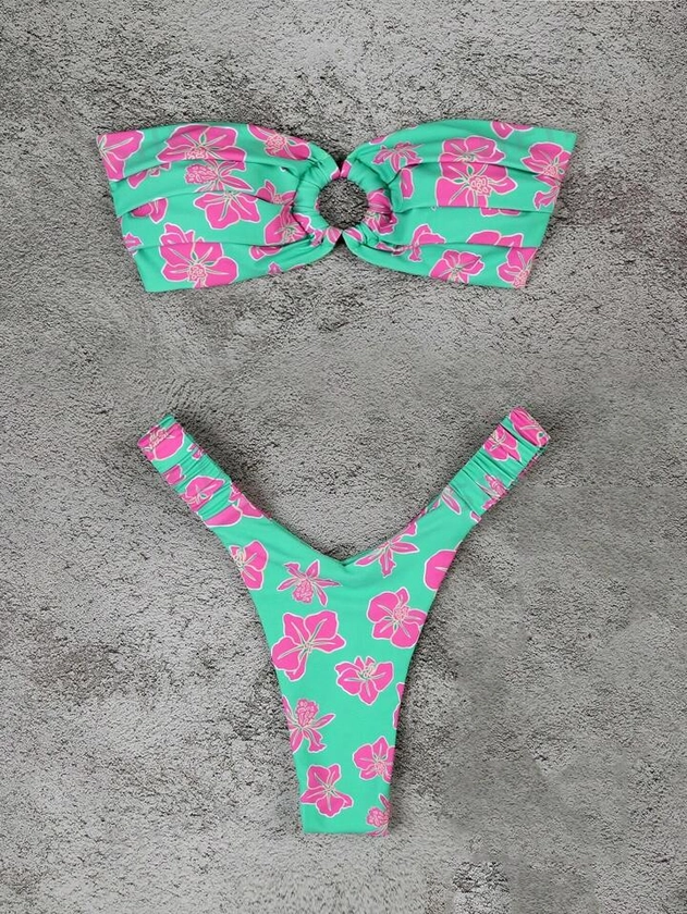 1pc Women's Fashion Printed Ruffle Bikini Swimsuit Set