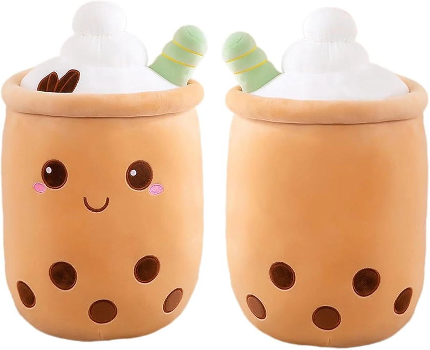 Aiuidun Bubble Tea Oreiller en Peluche, Kawaii Boba Peluche Remplissage Jouet Doux Bubble Pearl Lait Tea Holder Oreiller Cadeau pour Les Enfants(Brown-Round Eyes,35cm)