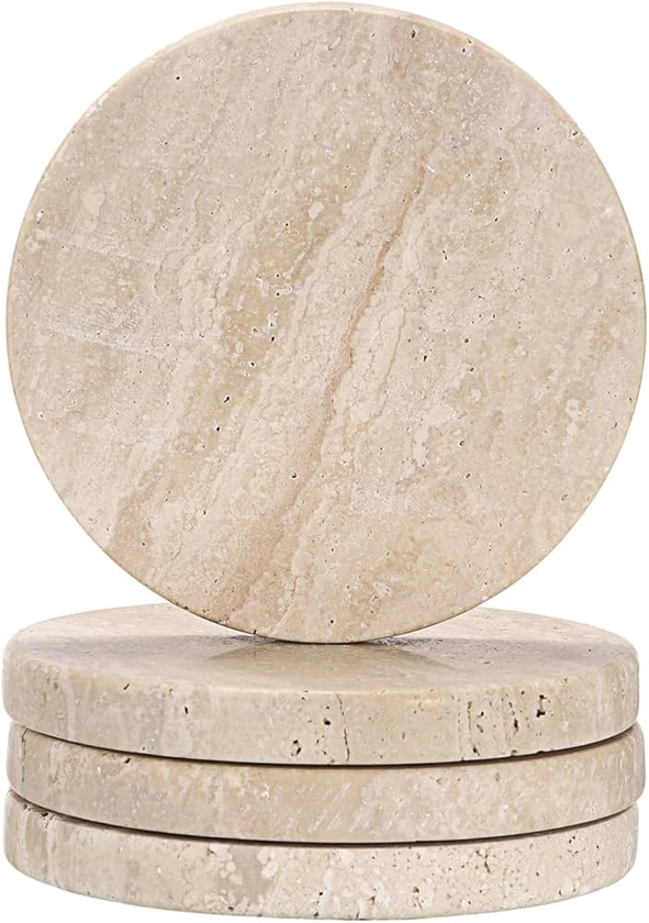 TOLIDA 4pcs 10 * 10cm Travertine Coasters with Soft Wood Pads - Natural Beige Marble Travertine Coasters, Round Travertine Stone Coasters for Drinks Coffees Cups, Home Office Decoration