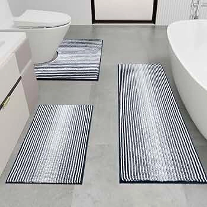 YIHOUSE Bathroom Rugs Sets, 3 Piece Soft Absorbent Chenille Bathroom Mat Rug Set, Non-Slip bath mat, Machine-Washable Bath mats for Bathroom, Tub, Shower (45"x18"+24"x16"+U20 x24, Navy Blue)
