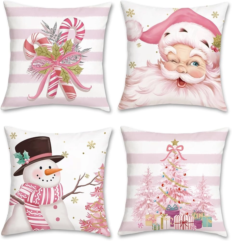 Bonhause Pink Christmas Cushion Covers 45 x 45 cm Santa Claus Snowman Candy Cane Xmas Tree Decorative Throw Pillow Covers Soft Velvet Pillowcases for Sofa Bed Winter Holiday Decor Set of 4