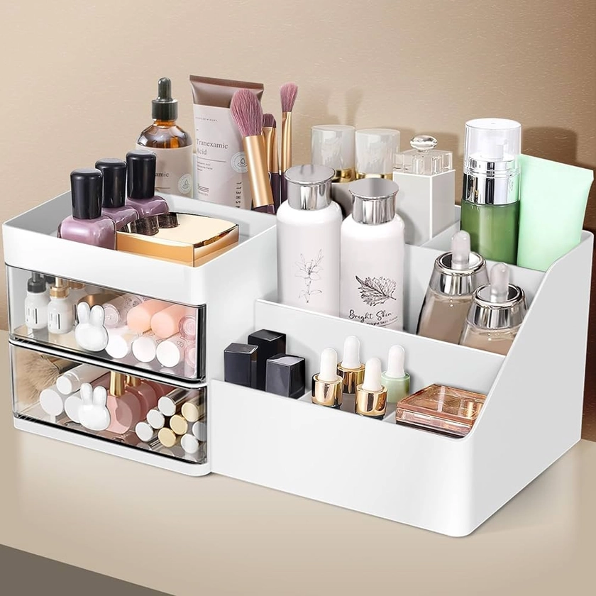 Amazon.com: Makeup Organizer, Cosmetic Desk Storage Box with Drawers Skincare Organizers for Dressing Table, Countertop, Bathroom Counter, Vanity Holder for Brushes, Lotions, Lipstick, Perfume (White-Clear) : Beauty & Personal Care