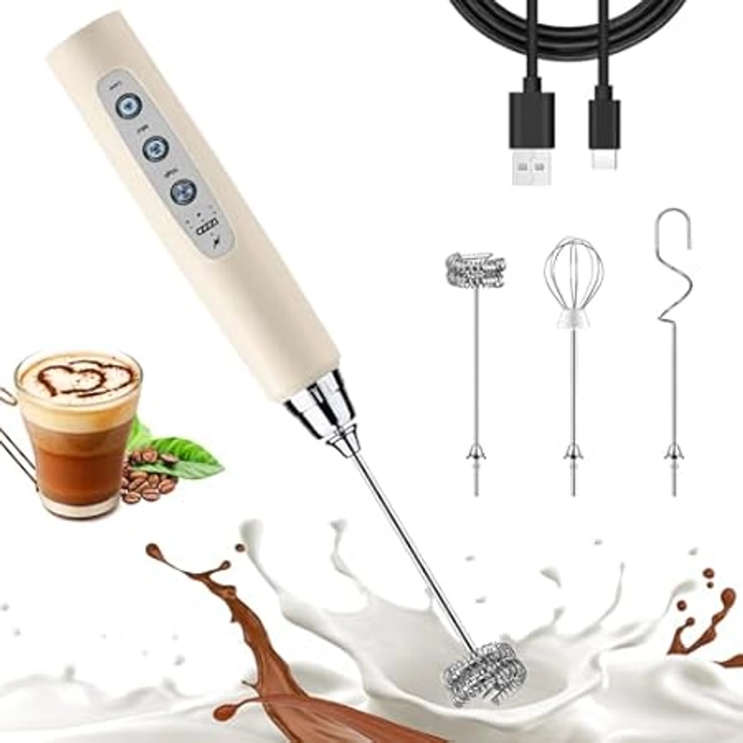 Amazon.com: Colarlemo Espumador de leite portátil recarregável, batedeira elétrica para café, removível com 3 batedeiras inoxidáveis, batedeira manual para lates, cappuccino, matcha, ovo, sem suporte, bege : Casa