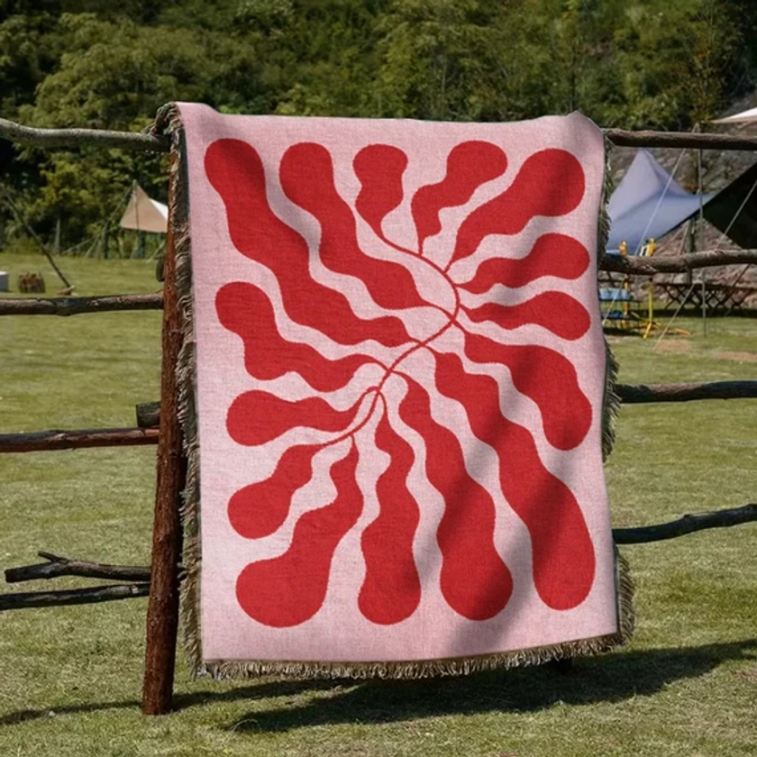 Pink Red Matisse Leaf Beach Throw Blanket | Modern Minimalist Decor | Funky Tapestry Outdoor Blanket | Fringe Sofa Picnic Travel Throw