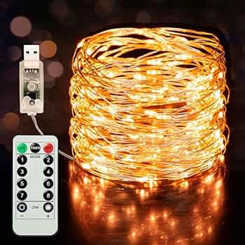 Twinkle Star Copper String Lights Fairy String Lights 8 Modes LED String Lights USB Powered with Remote Control for Christmas Tree Wedding Party Home Decoration (Warm White with Remote, 66ft)