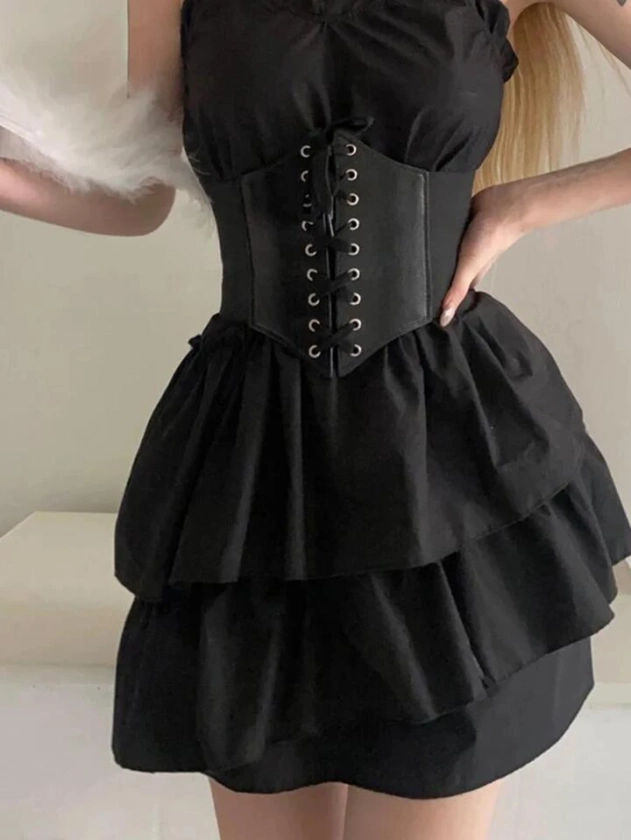 Cinturón de corset de moda sin hebilla con decoración de ojetes y cordones para uso diario y Halloween para mujeres