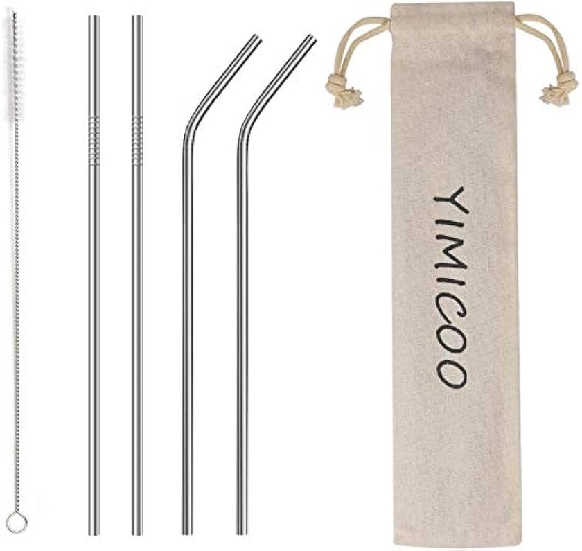 4PCS Reusable Metal Straws,8.5" Stainless Steel Straws with Case -Cleaning Brush for 20/30 Oz for Tumblers (Silver)