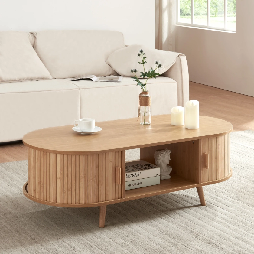 Table basse de salon Nordkapp avec portes coulissantes MDF bambou bois 120 x 55 x 40 cm naturel [en.casa] | Leroy Merlin