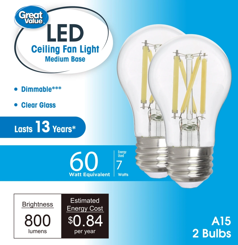 Great Value LED Ceiling Fan Bulb, 6.5-Watt (60W Eqv.) A15 Shape E26 Base Daylight, 2 Pack