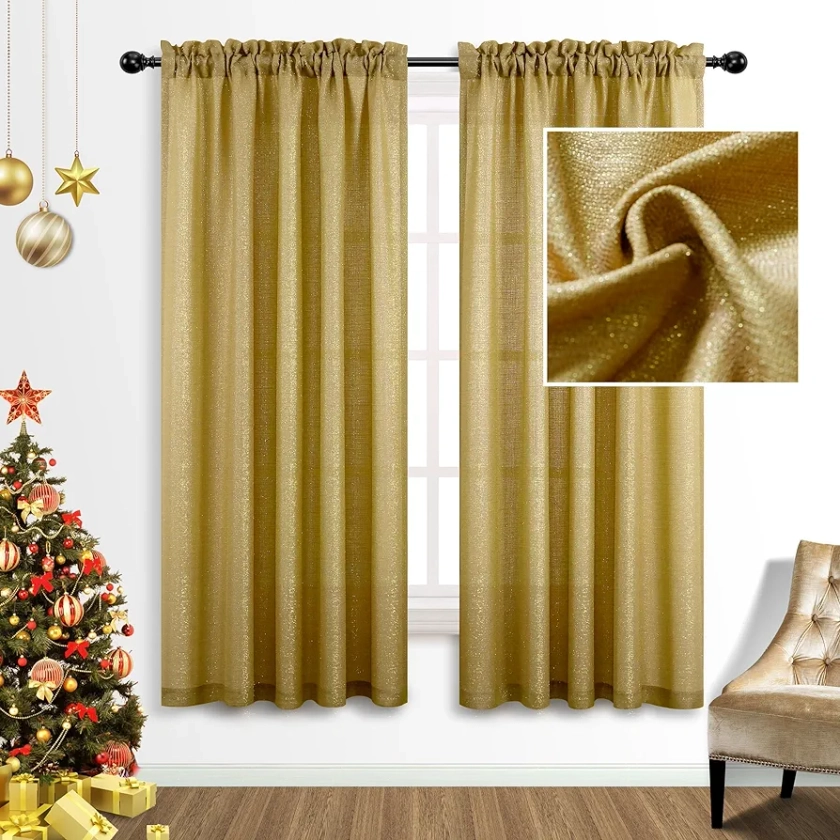 Mrs.Naturall Gold Curtains 63 Inch Length for Teen Girls Room Decor Set of 2 Panels Rod Pocket Window Semi Sheer Golden Sparkle Glam Shimmer Shiny Glitter Curtains for Bedroom Decorations