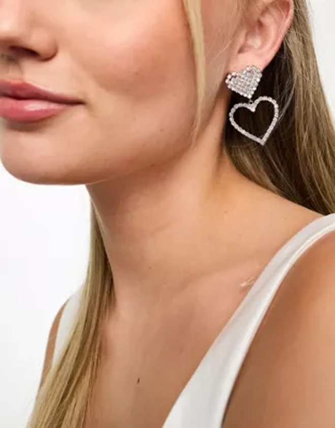 True Decadence embellished double heart earrings in silver | ASOS