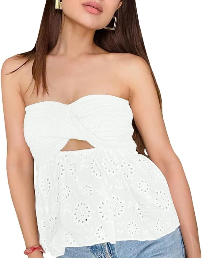 Sdencin Women Sexy Y2K Sexy Twist Front Strapless Knit Bandeau Tube Top Summer Cute Hollow Out Lace Backless Tank Top Tunic (S US Women, White) at Amazon Women’s Clothing store