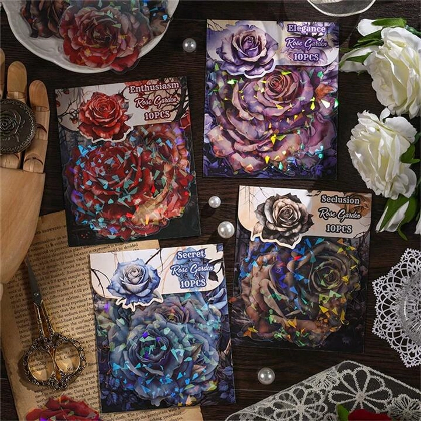 10 Sheets/Pack Dark Night Rose Series Stickers For Journaling/Bullet Journal/Scrapbook/Decorative Adhesive/Background Sticker