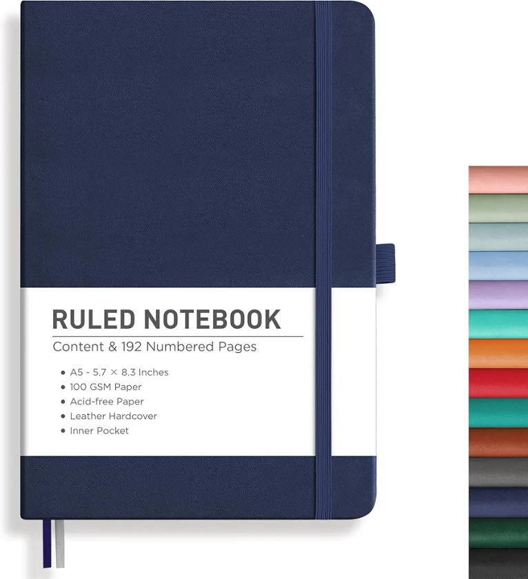 RETTACY Notebook Journal - A5 College Ruled Notebook with 192 Numbered Pages, Notebook for Work, School, Writing, 100 GSM Acid-Free Paper, Leather Hardcover, Inner Pocket, 5.7'' × 8.3'' (Navy Blue)
