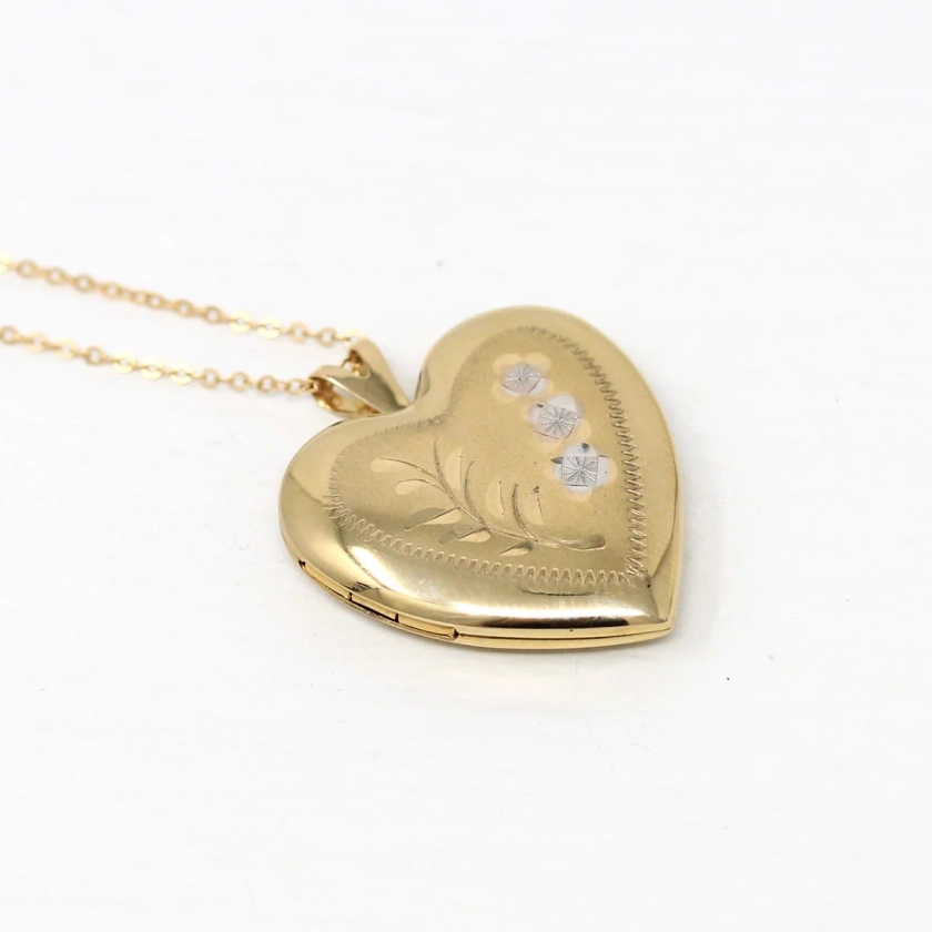 Estate Heart Locket - Modern 14k Gold Filled Engraved Flowers Two Tone