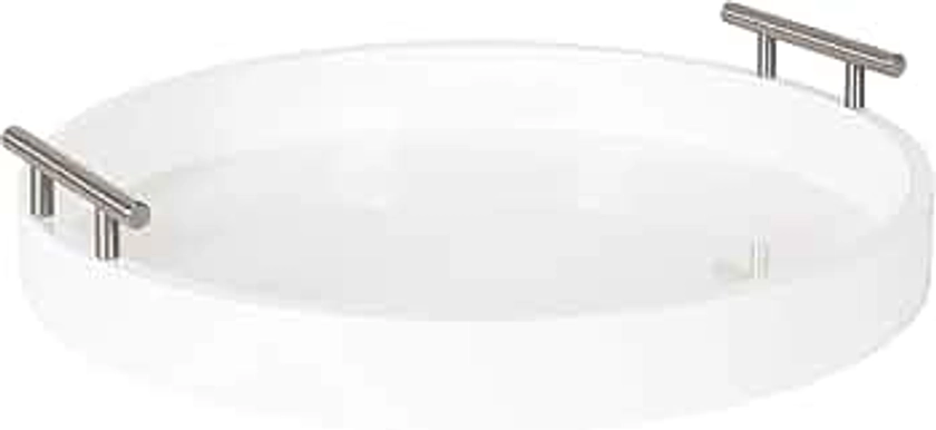 Kate and Laurel Lipton Modern Round Tray, 15.5 inch Diameter, White and Silver, Decorative Accent Tray for Storage and Display