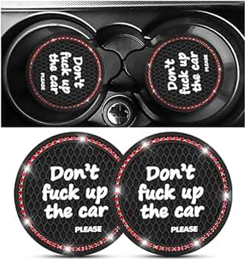 2 Pack Bling Car Coasters for Cup Holder, Crystal Rhinestone 2.75 in Cup Holder Coaster, Silicone Anti-Slip Insert Cup Mats for Women, Interior Accessories Universal for Most Cars (Black/Red)