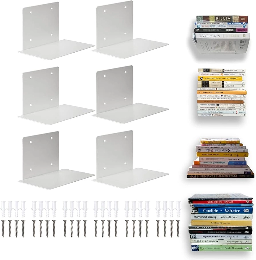 ECOSEAO Floating Book Shelves for Wall, Heavy-Duty Book Organizers, Iron Wall Mounted Shelves for Home Office Classroom Library, White Large (6)