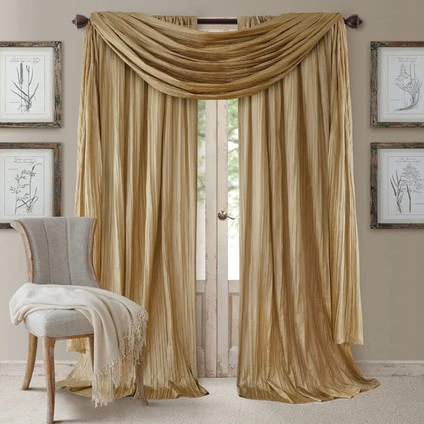 Elrene Home Fashions Athena Faux Crushed-Silk Window Curtain Panel and Valance Set, 52"x108" (2 Panels) & 1 Valance, Gold