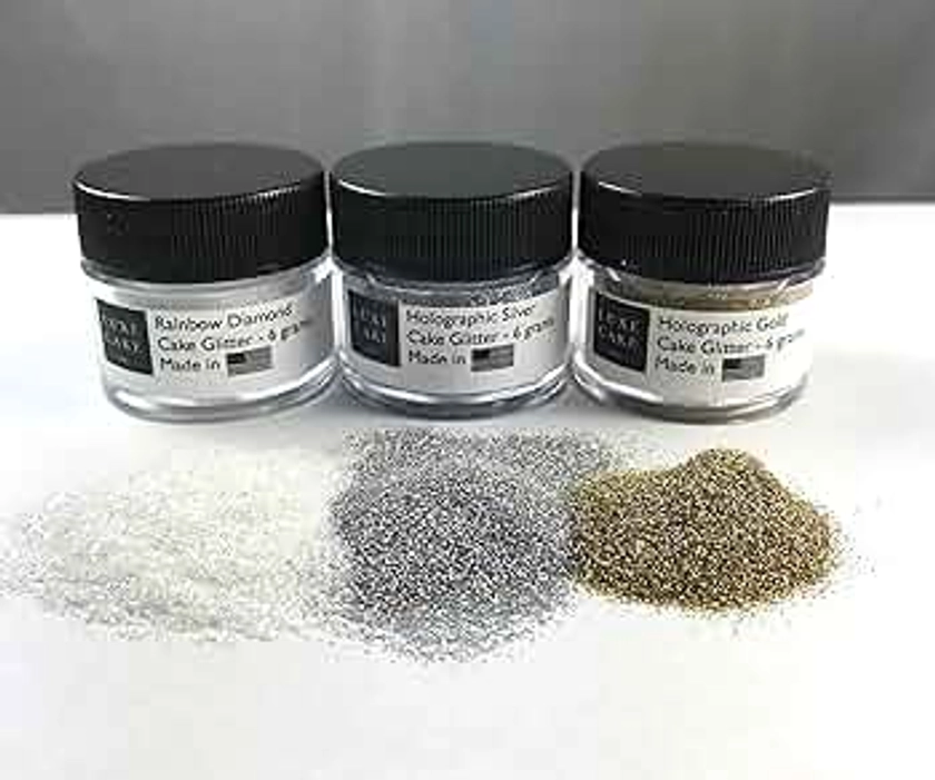 Luxury Cake Glitter,, 18 grams, USA Made (Rainbow, Holographic Gold & Silver (3 Pack))