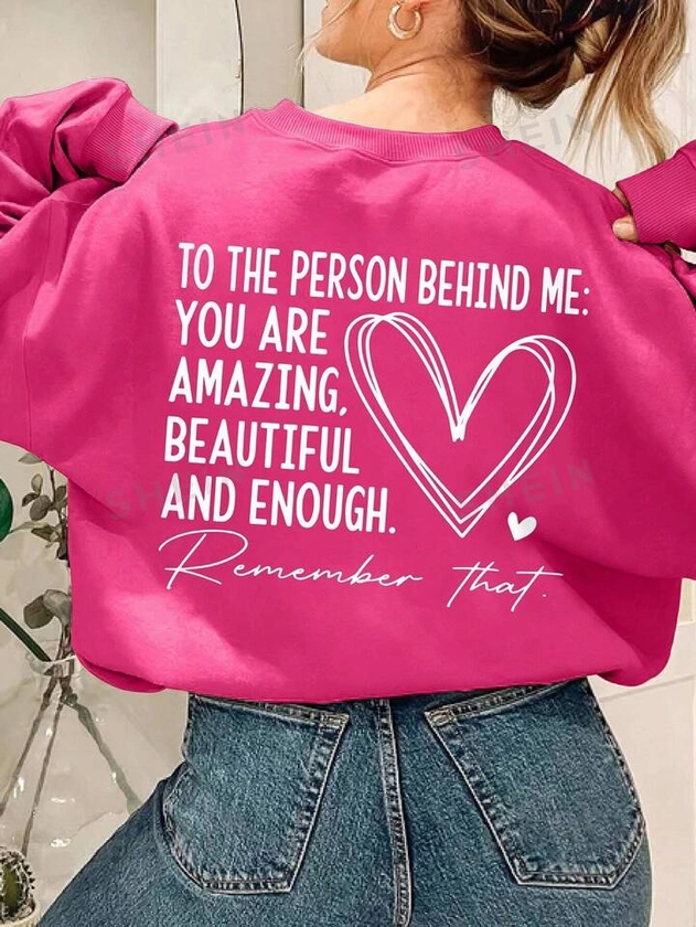 SHEIN Essnce Sweat-shirt À Encolure Ronde Et Épaules Tombantes Avec Slogan D'amour Et Motif De Cœur, Grande Taille Pour Femmes