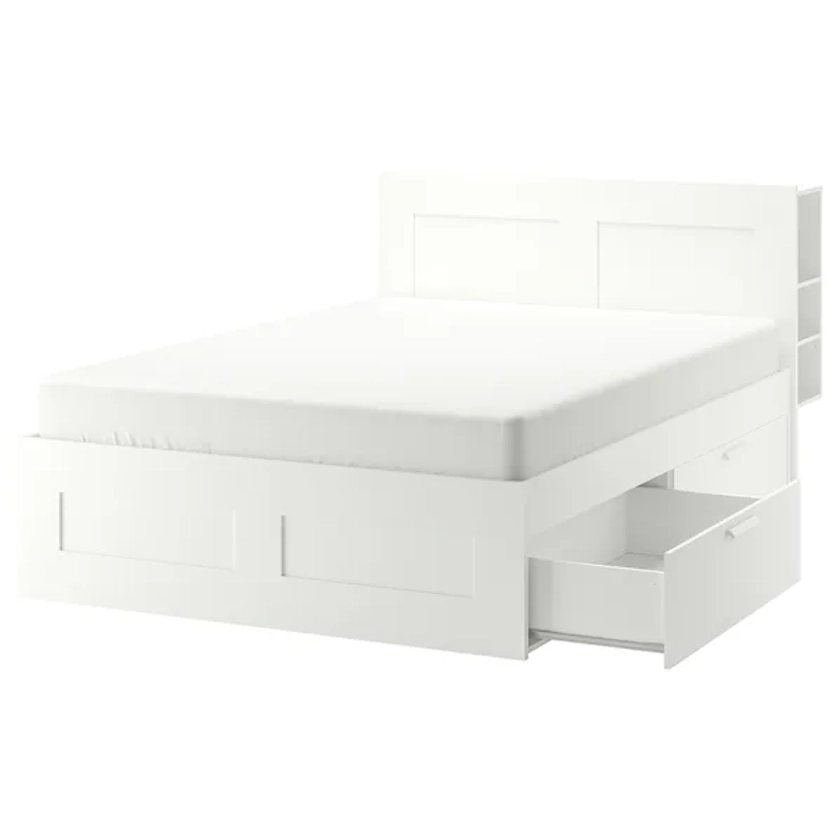 BRIMNES seng med oppbevaring og hodegavl, hvit/Lindbåden, 140x200 cm - IKEA
