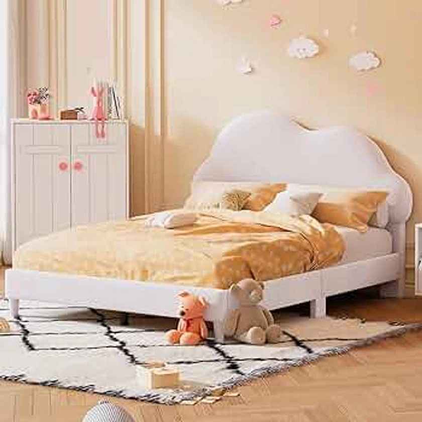 Elegant Full Size Upholstered Cloud-Shape Bed,Velvet Platform Bed with Headboard,for Kids Boys Girls Bedroom Use (Beige@Cloud, Full)
