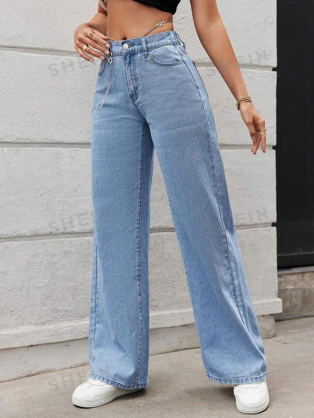 SHEIN Tall Y2k Sexy Chain Design Women's Straight Leg Jeans In Blue