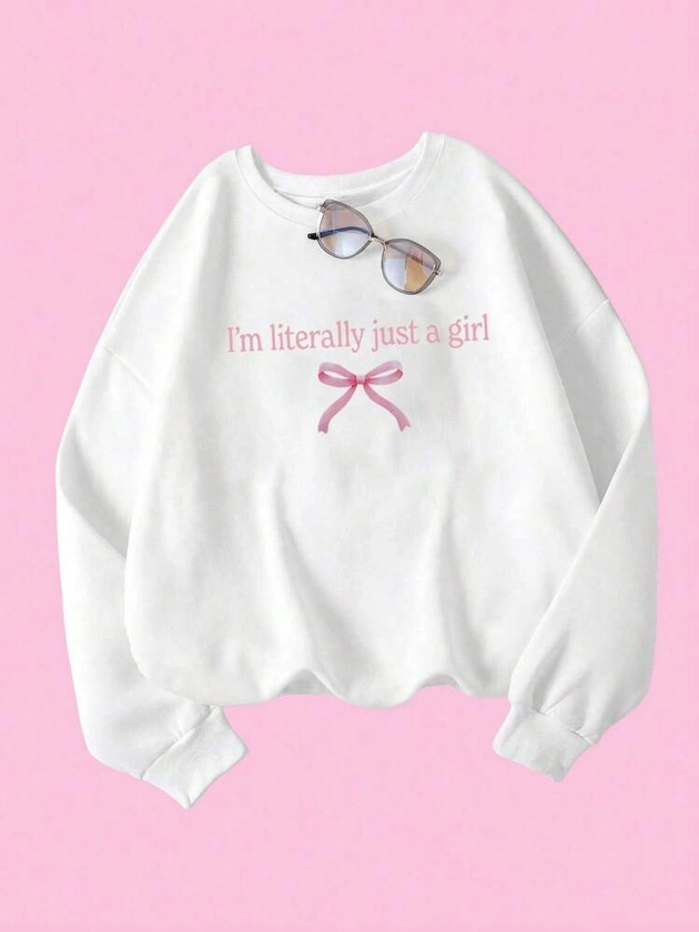 Teen Girl Bow And Slogan Graphic Drop Shoulder Oversize Thermal Sweatshirt