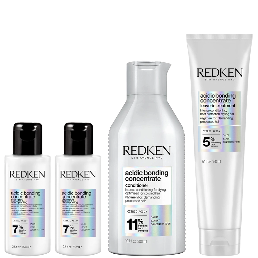 Redken Acidic Bonding Concentrate 2x Mini Shampoo 75ml, Conditioner 300ml and Leave-In Treatment 150ml Bundle (Worth £64.25) | LOOKFANTASTIC