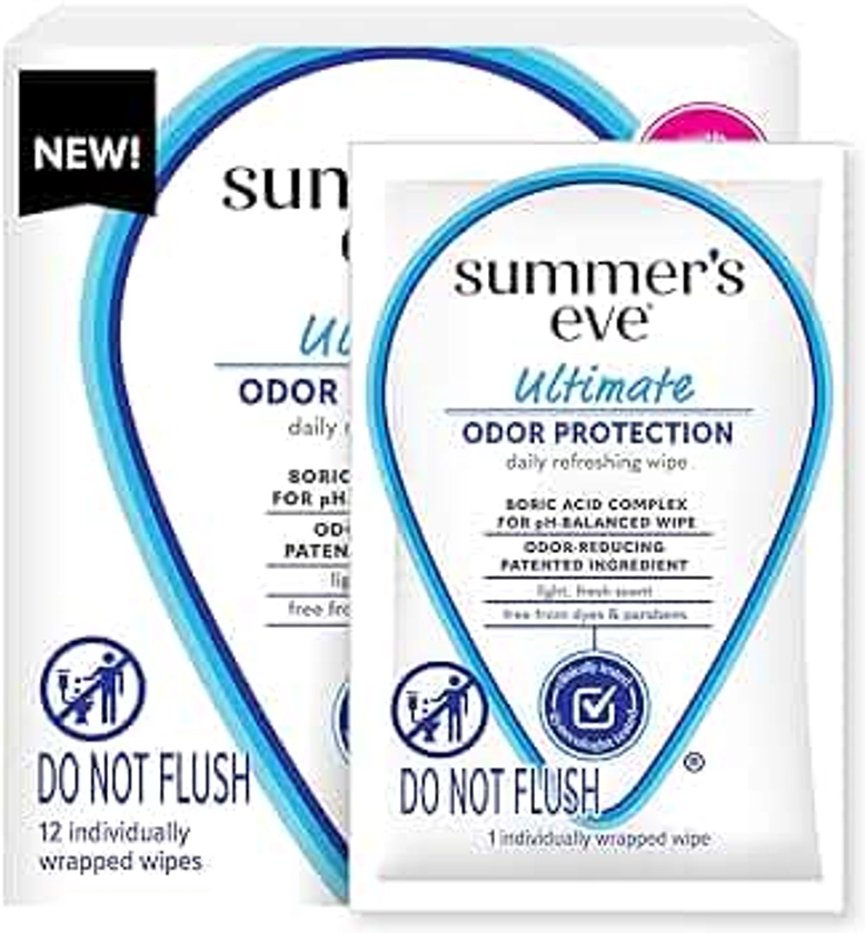 Summer's Eve, Ultimate Odor Control, Daily Feminine Wipes with Boric Acid, Removes Odor, On-the-go Body Wipes with pH Balance, 12 ct