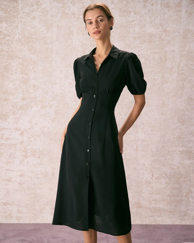 The Black Lapel Button Puff Sleeve Midi Dress & Reviews - Black,Red - Dresses | RIHOAS