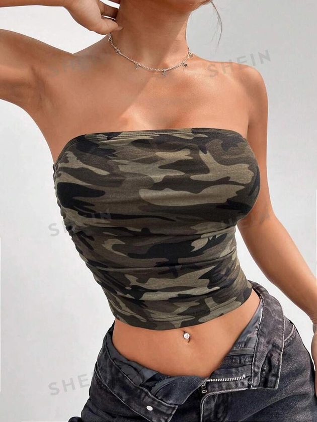 SHEIN EZwear Camouflage Knitted Tight-Fitting Women Top