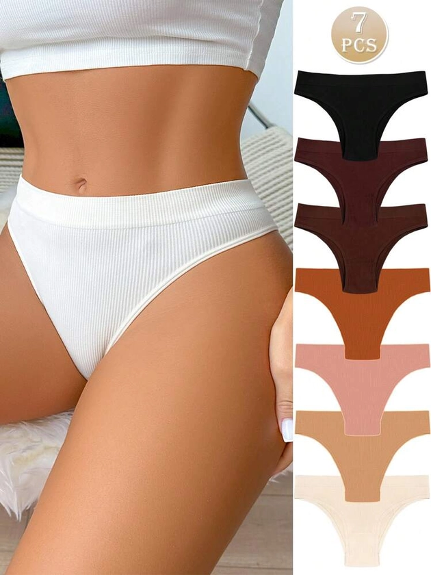 7pcs Women's Seamless Knitted Striped Low-Rise Brazilian Panties, Women Underwear