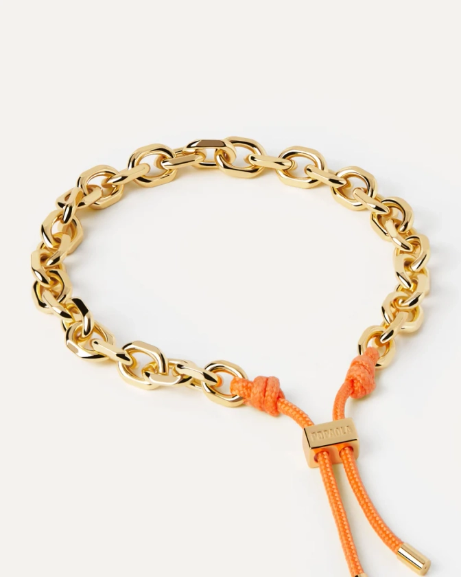 Golden chain bracelet with an orange rope adjustable sliding clasp | Tangerine Essential Rope and Chain Bracelet | PDPAOLA