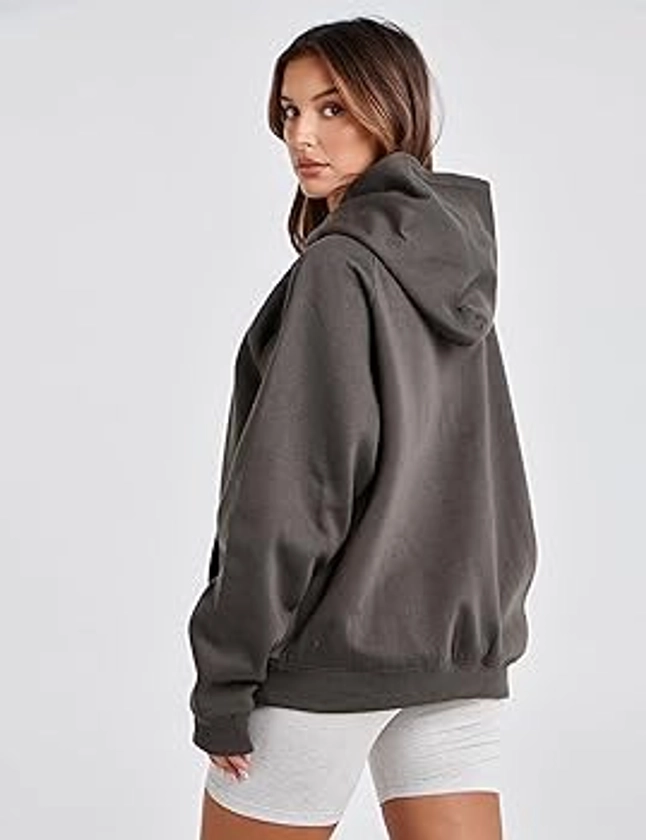 Lauweion Women Solid Basic Fleece Letter Loose Hoodie Sweatshirt Long Sleeve Kangaroo Pocket Drop Shoulder Pullovers Top