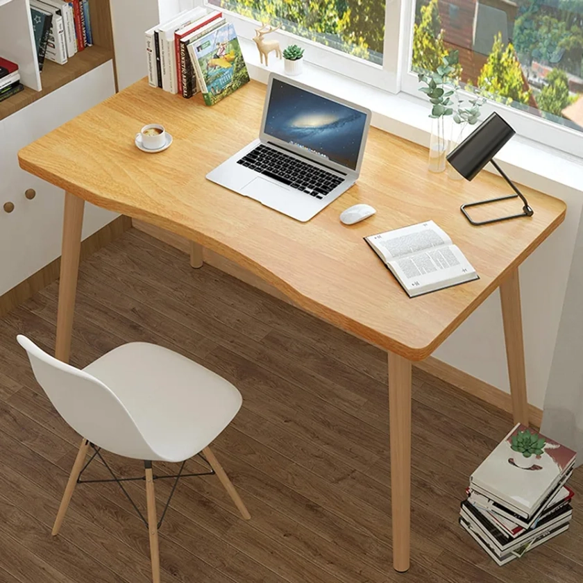 27.6" Small Computer Desk, Desktop Student Study Table with Solid Legs, Ergonomic Arched Design Writing Table, Wood PC Work Student Learning Writing Desk for Home Office Wooden Color