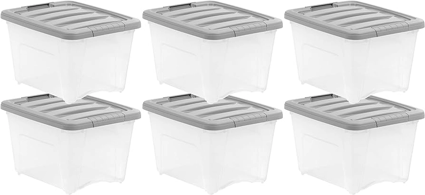 Amazon Basics 19 Quart Stackable Plastic Storage Bins with Latching Lids- Clear/ Grey- Pack of 6