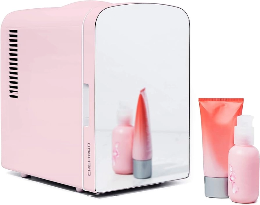 Chefman - Iceman Portable Mirrored Personal Fridge 4L Mini Refrigerator, Skin Care, Makeup Storage, Beauty, Serums & Face Masks, Small For Desktop Or Travel, Cool & Heat, Cosmetic Application, Pink