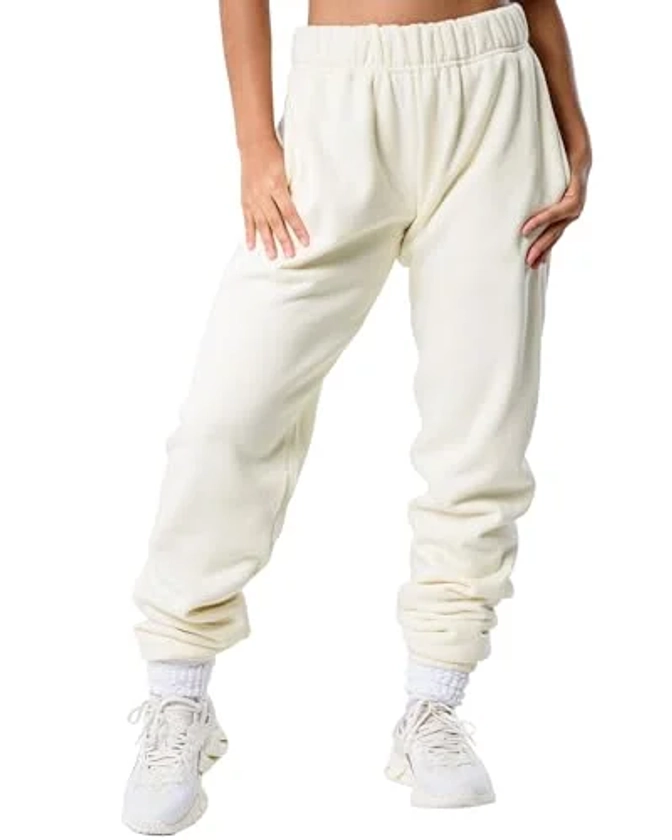 Kamo Fitness CozyTec High-Waisted Sweatpants for Women Baggy: Comfy Lounge Pants with Pockets Crafted from Soft Thick Fleece, Cuffed, Loose Fit, Tall Friendly Joggers for Fall (Gardenia, S)