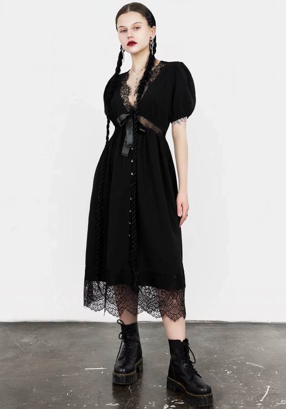 Mortuary Lace Button Up Midi Dress