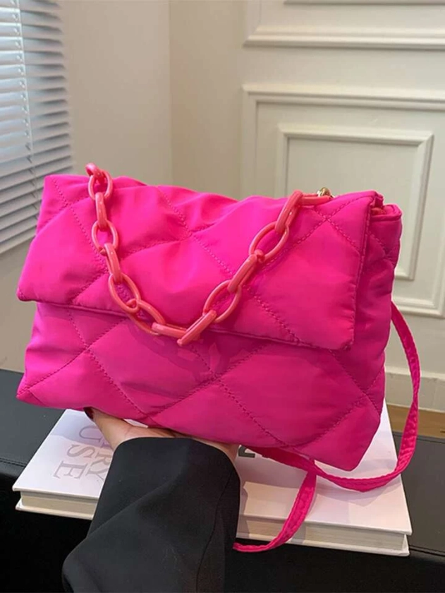 Neon Pink Quilted Pattern Chain Decor Flap Square Bag | SHEIN USA