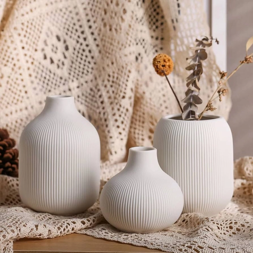 Amazon.com: Modern Minimalist White Ceramic Decor Vase Set of 3, Neutral Small Ribbed Vases for Table, Shelf, Bookshelf, and Entryway : Home & Kitchen