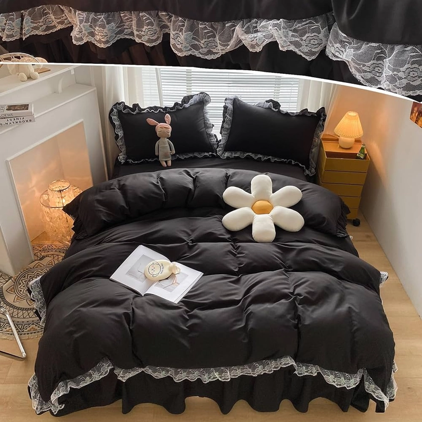 Black Ruffle Lace Duvet Cover Sets Bedding Set for Girls Women 3 Pieces Soft Breathable Microfiber Duvet Cover King 220 x 230 cm