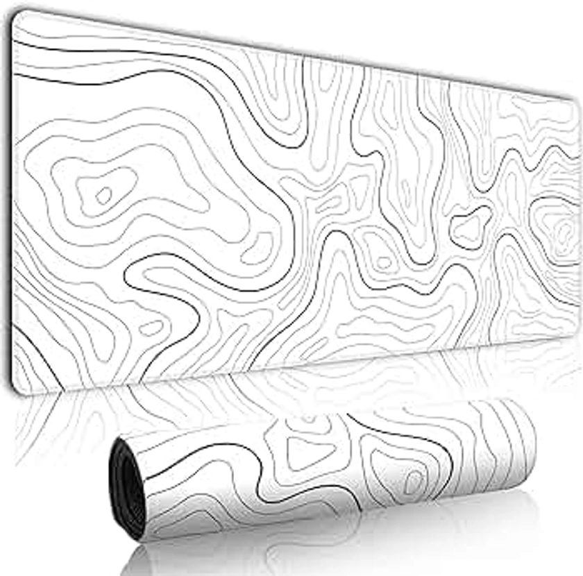 White Minimalist Topographic large Mouse Mat Gaming,Mouse Mat Large Mouse Pad Gaming, 31.5x11.8in Keyboard Mousemat Desk Mat With 3mm Non-Slip Base,Mousepad For Gaming Office Work